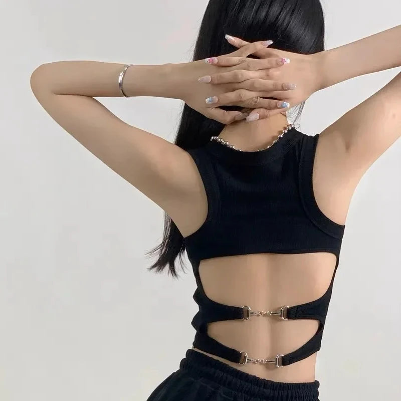 Women Sports Tank Sexy Backless Tops with Bra Pad Casual Crop Tops