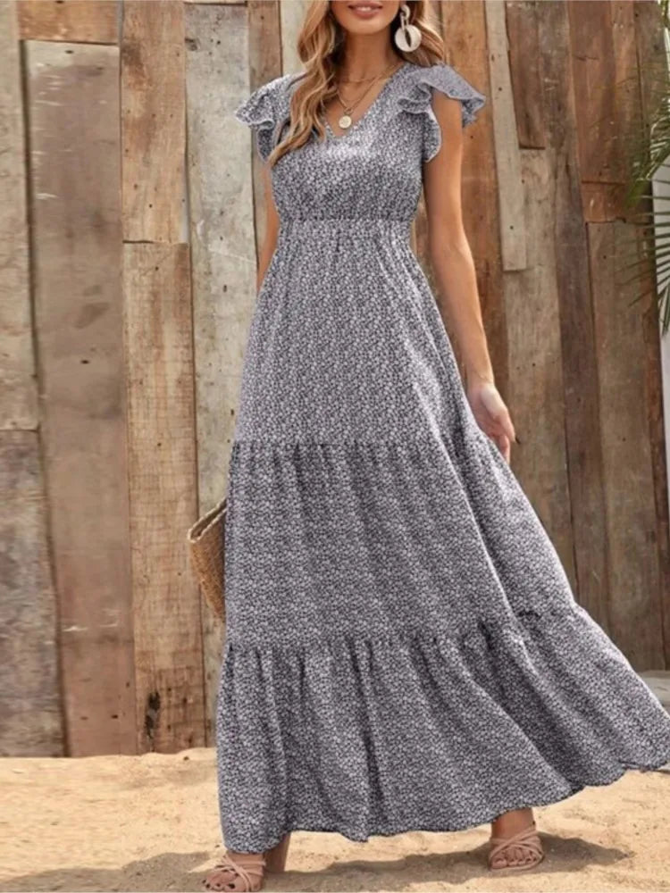 Casual V Neck Print Dress For Women Fashion Boho Holiday Beach Dresses