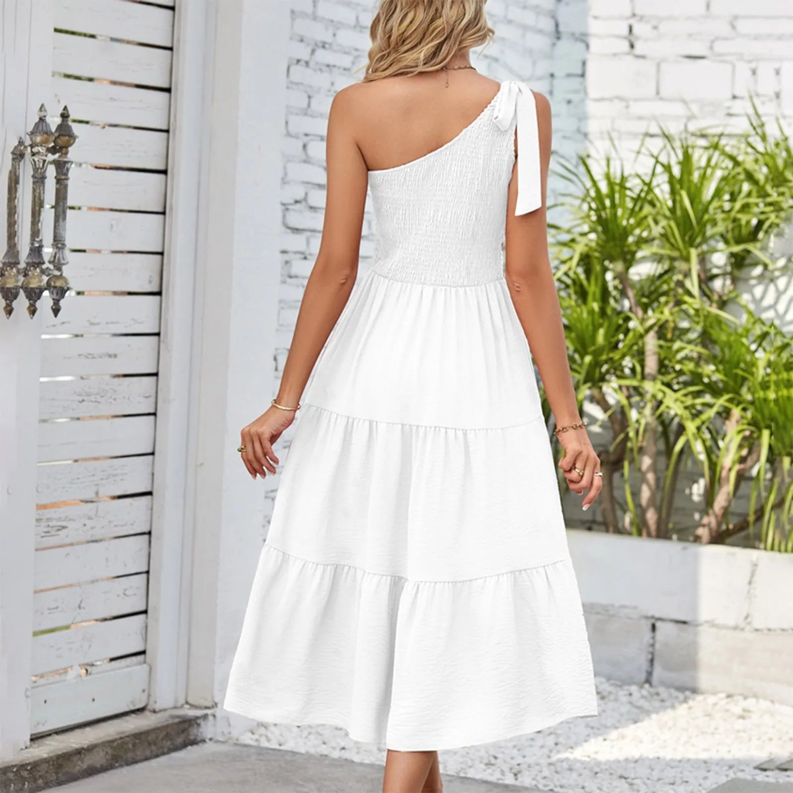 Women'S Summer Casual One Shoulder Sleeveless Smocked Elastic Dress