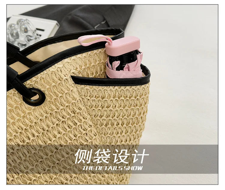 2025 Spring Woven Bucket Bag for Women Minimalist Niche Shoulder Bag Spacious Straw Tote Casual Bohemian Handbag