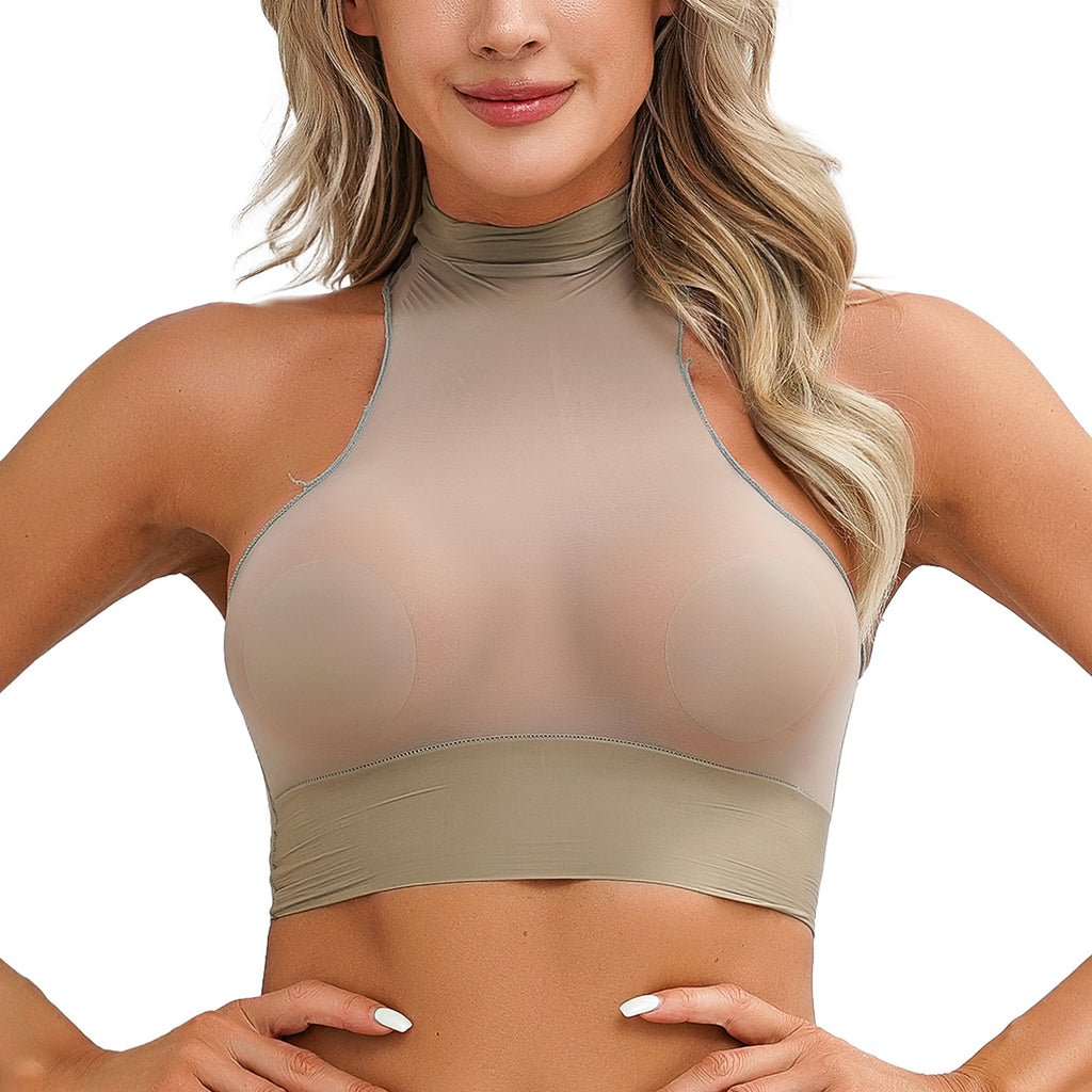 Womens Glossy Crop Tops Mock Neck Sleeveless Sheer See-Through Slim Fit Vest Tops