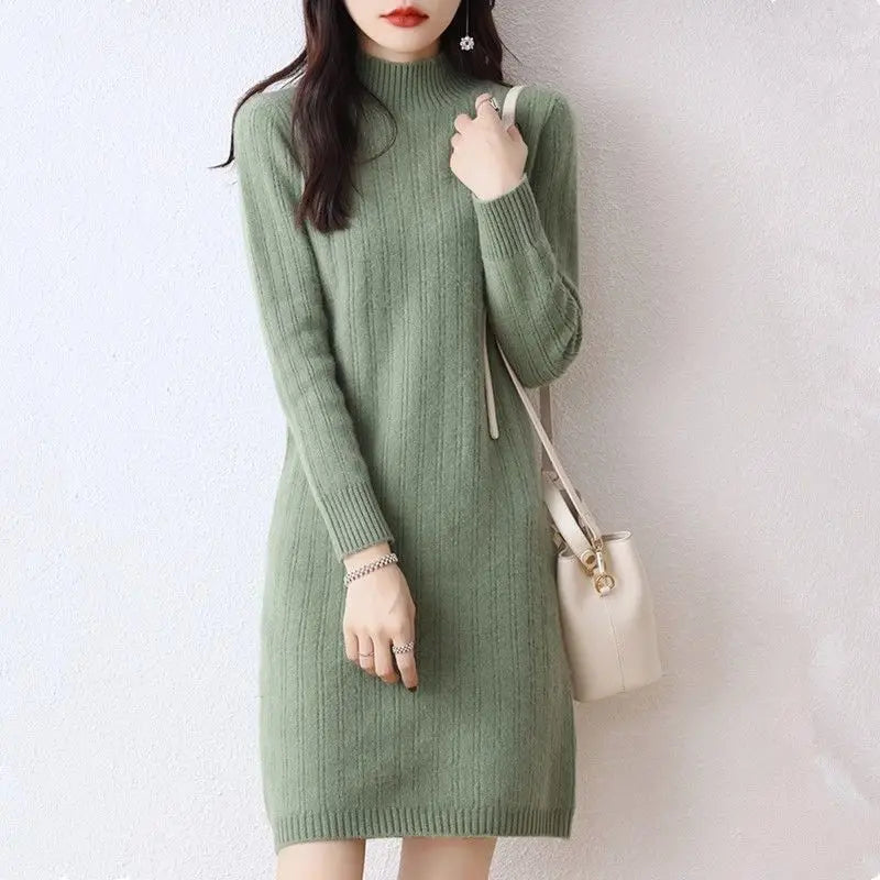 Winter New Dresses Women Solid Half High Collar Temperamen Fashion