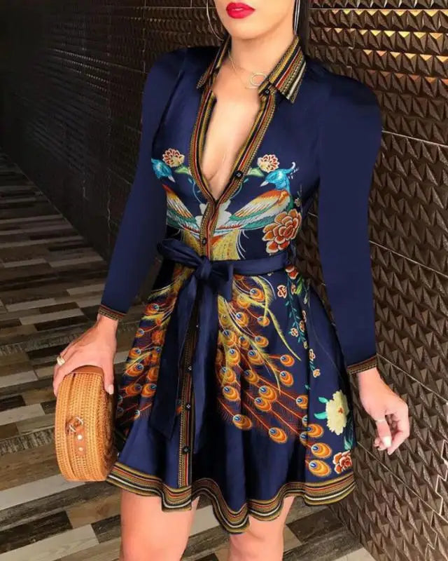 Casual Long Sleeved Dress With Buttons And Lapels, Elegant Suit With Print Dress