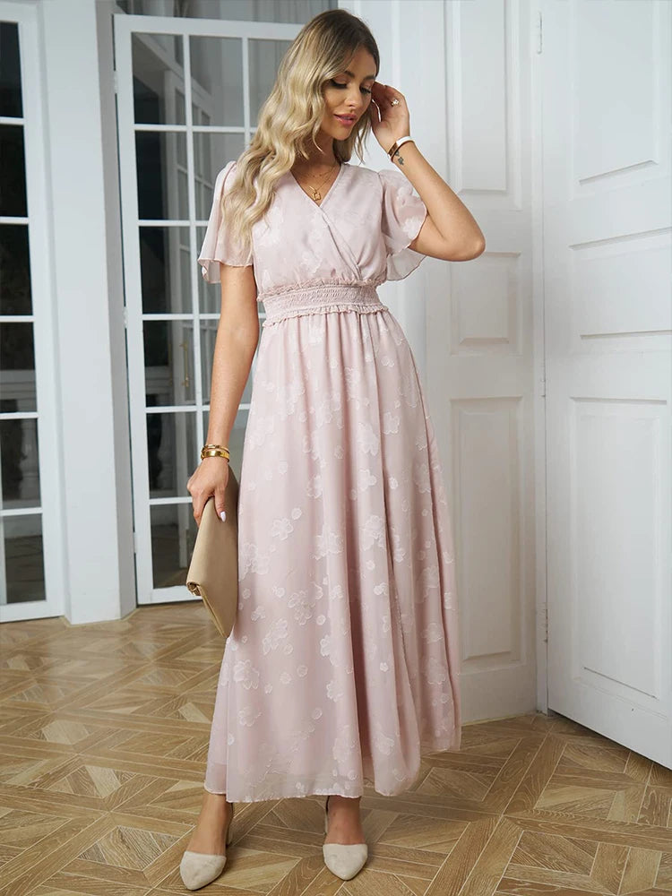 Maxi Dress Casual Summer V Neck Puff Sleeve High Waist Lace Up Dress