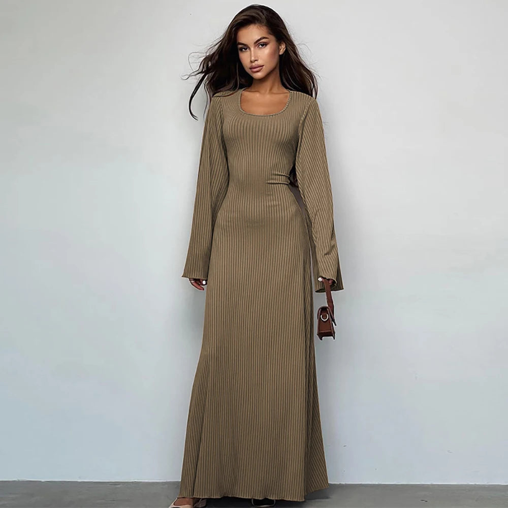 Women‘s Casual  Dress U Neck A Line Slim Skinny Elastic Bell Long Sleeve Dress