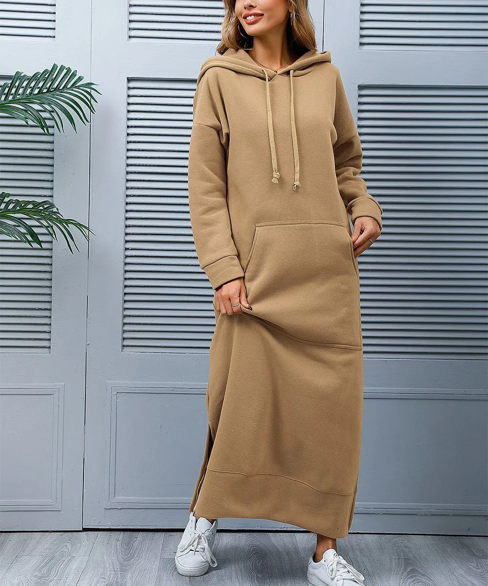 Women Dresses Autumn Winter hoodies Hooded Big Pocket Sweaters Dress