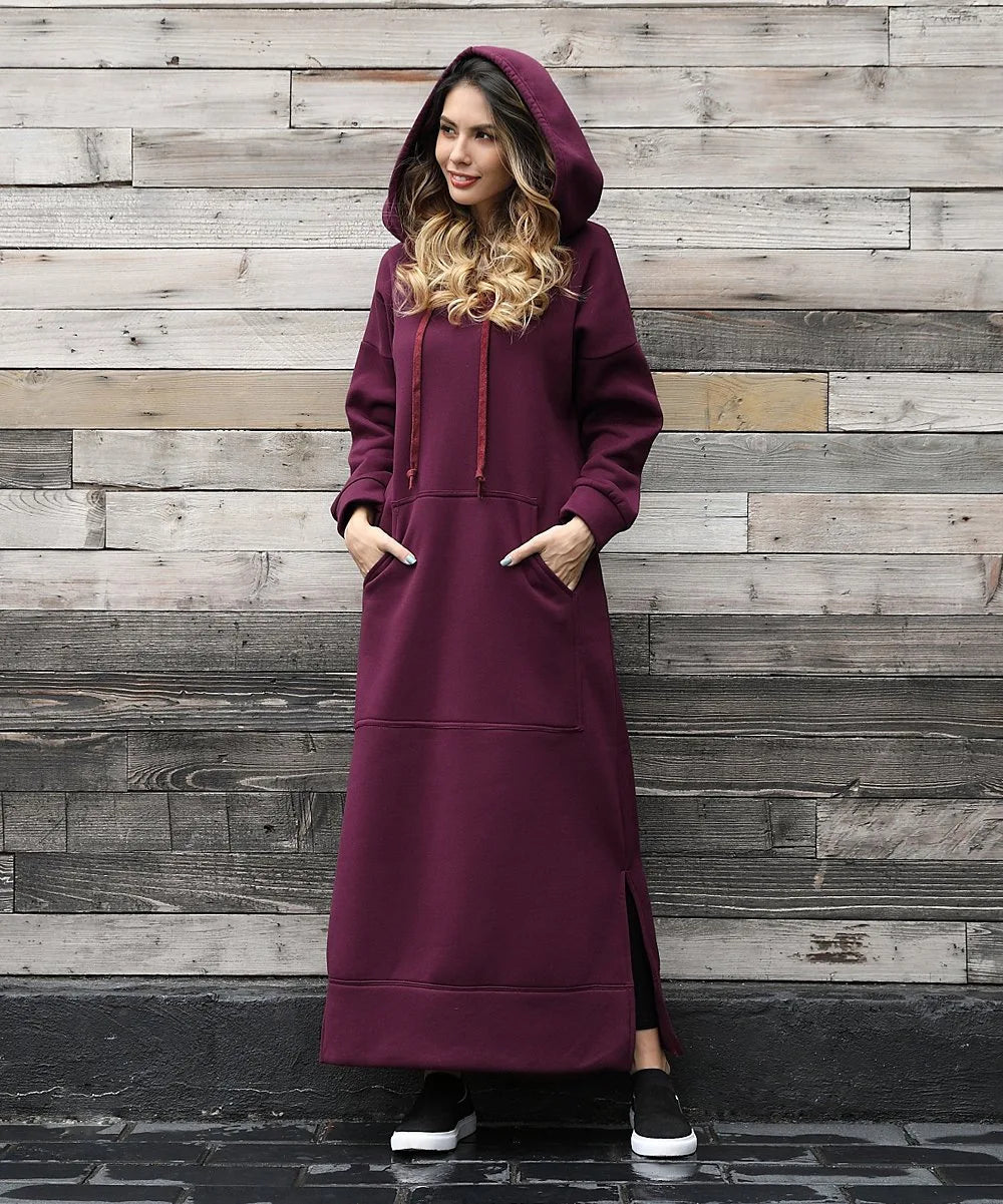 Women Dresses Autumn Winter hoodies Hooded Big Pocket Sweaters Dress
