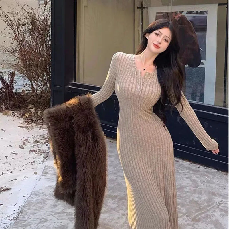 Winter Dresses Women New Thicken Slim Elastic A-Line Dress