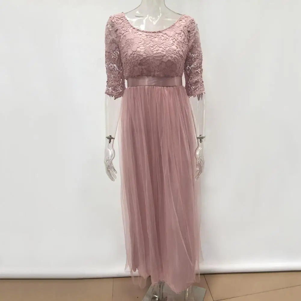 Women Maxi Dress Lace Flower Embroidery Pleated Floor Length Women