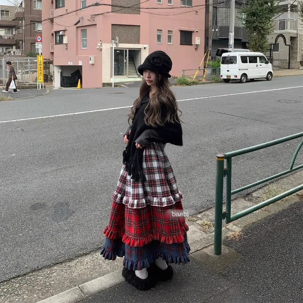 Winter Dresses Christmas Long Skirt Spliced Lace Contrast Colors Fashion