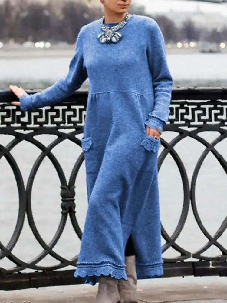 Autumn Winter New Long Dresses For Women Flower Dress Casual Long Female Solid Color Fashion