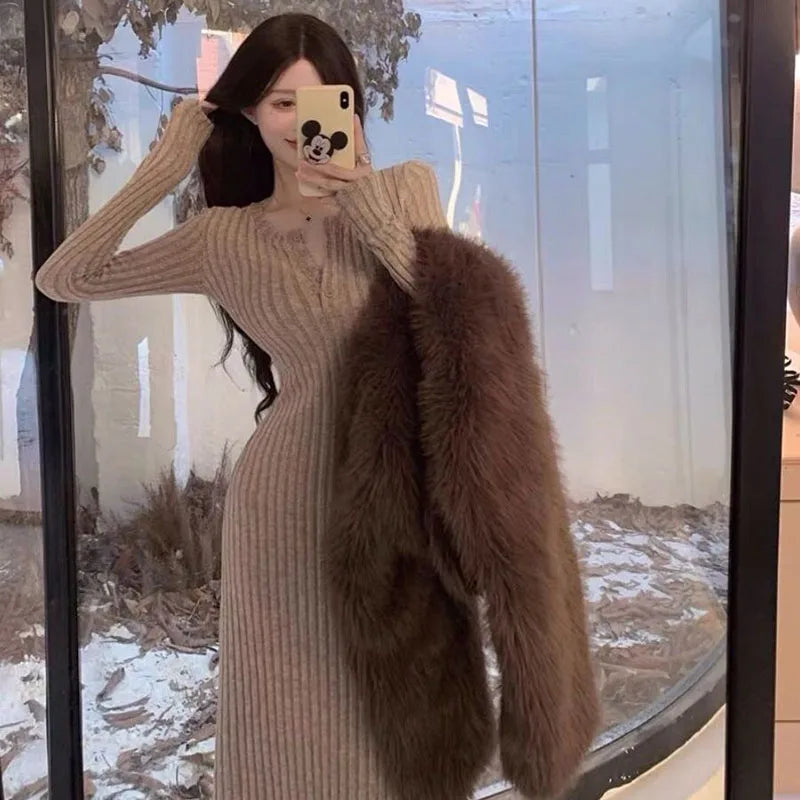 Winter Dresses Women New Thicken Slim Elastic A-Line Dress