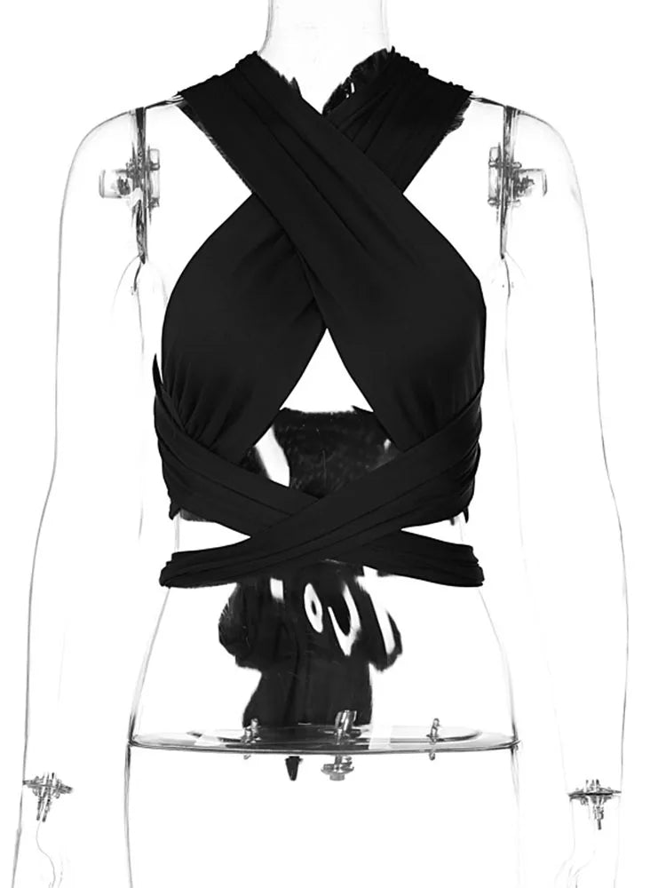 Strappy Cross Over Front Cut Out Halter Neck Sleeveless Backless Tops Woman Clothes