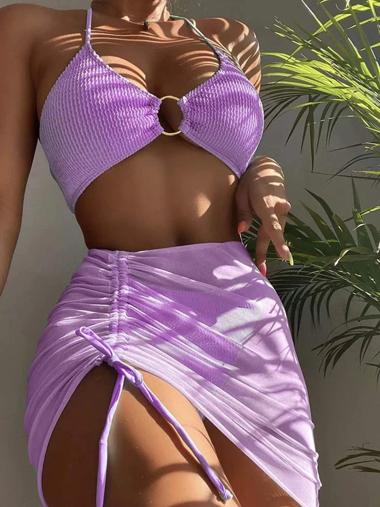 Sexy Solid Bikini Low Waist Three Pieces Swimsuit Women Bikini