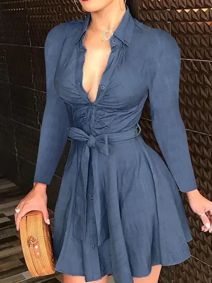 Casual Long Sleeved Dress With Buttons And Lapels, Elegant Suit With Print Dress