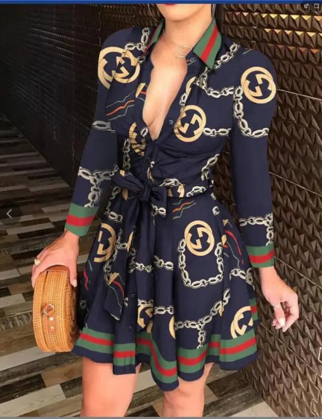 Casual Long Sleeved Dress With Buttons And Lapels, Elegant Suit With Print Dress