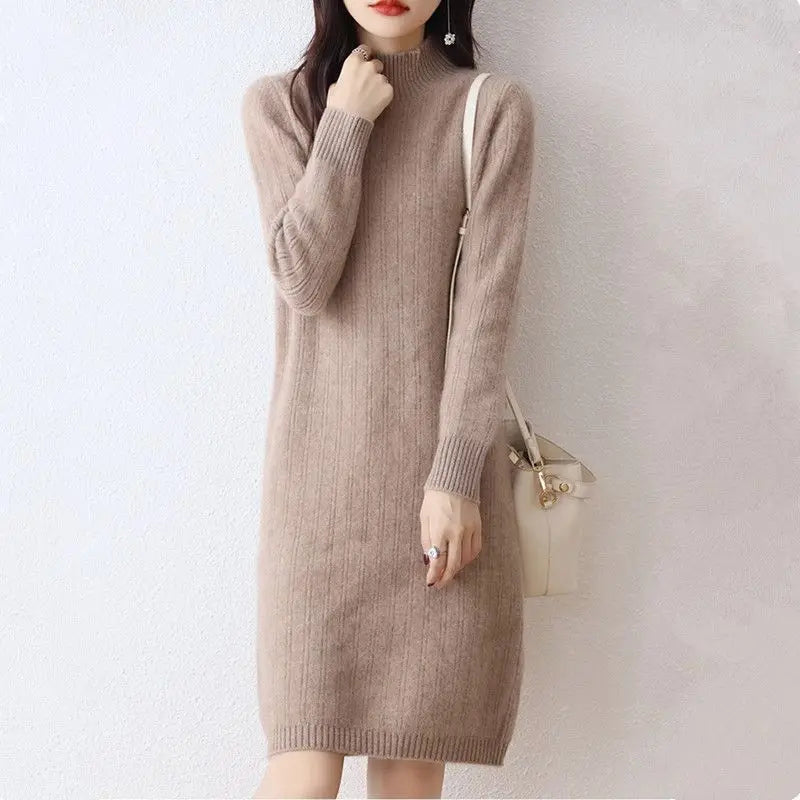 Winter New Dresses Women Solid Half High Collar Temperamen Fashion