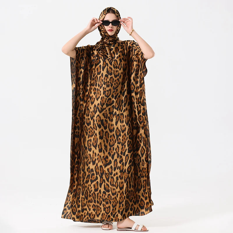 Summer Bohemian Women Maxi Dress Leapord Print Beach Woman Silk Dress Fashion