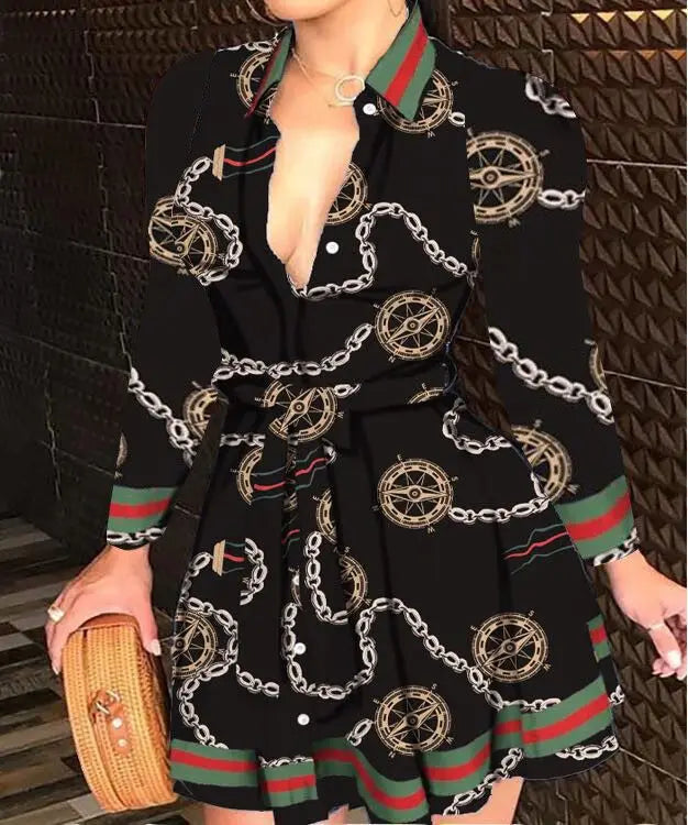 Casual Long Sleeved Dress With Buttons And Lapels, Elegant Suit With Print Dress