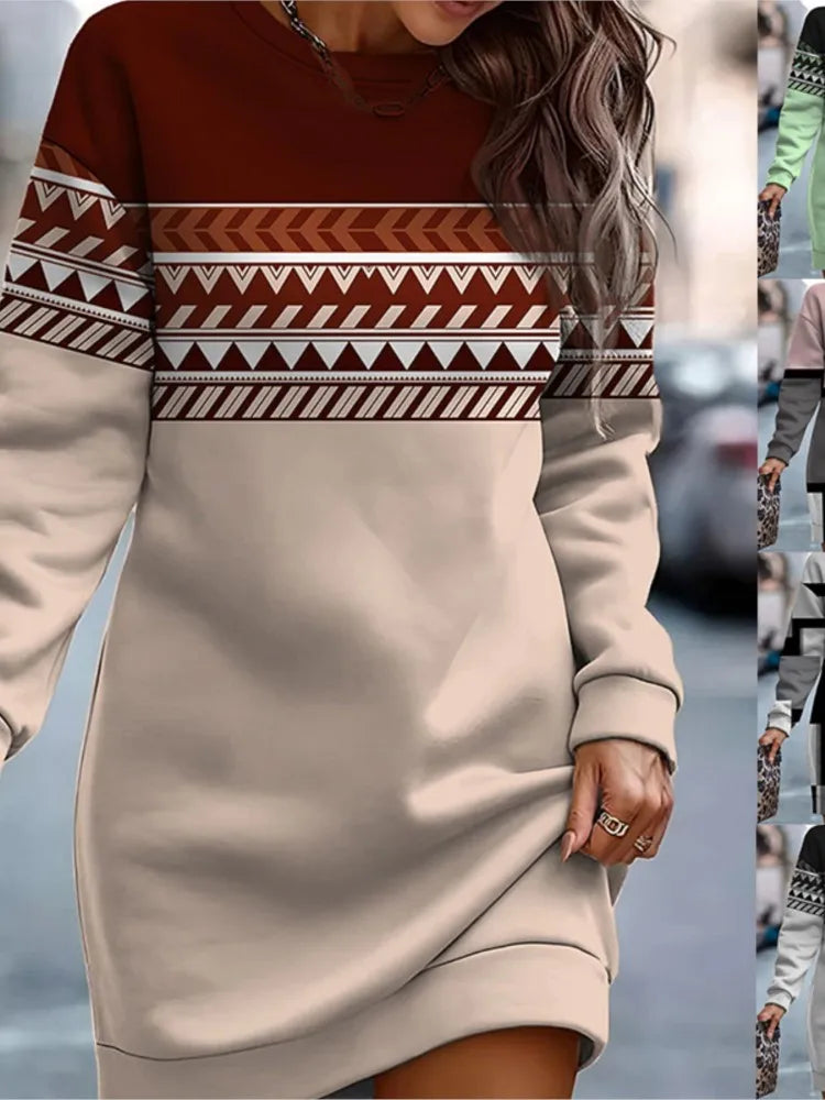 Autumn Winter Sweatshirt Dresses For Women Fashion Print O Neck Long Sleeve Dress