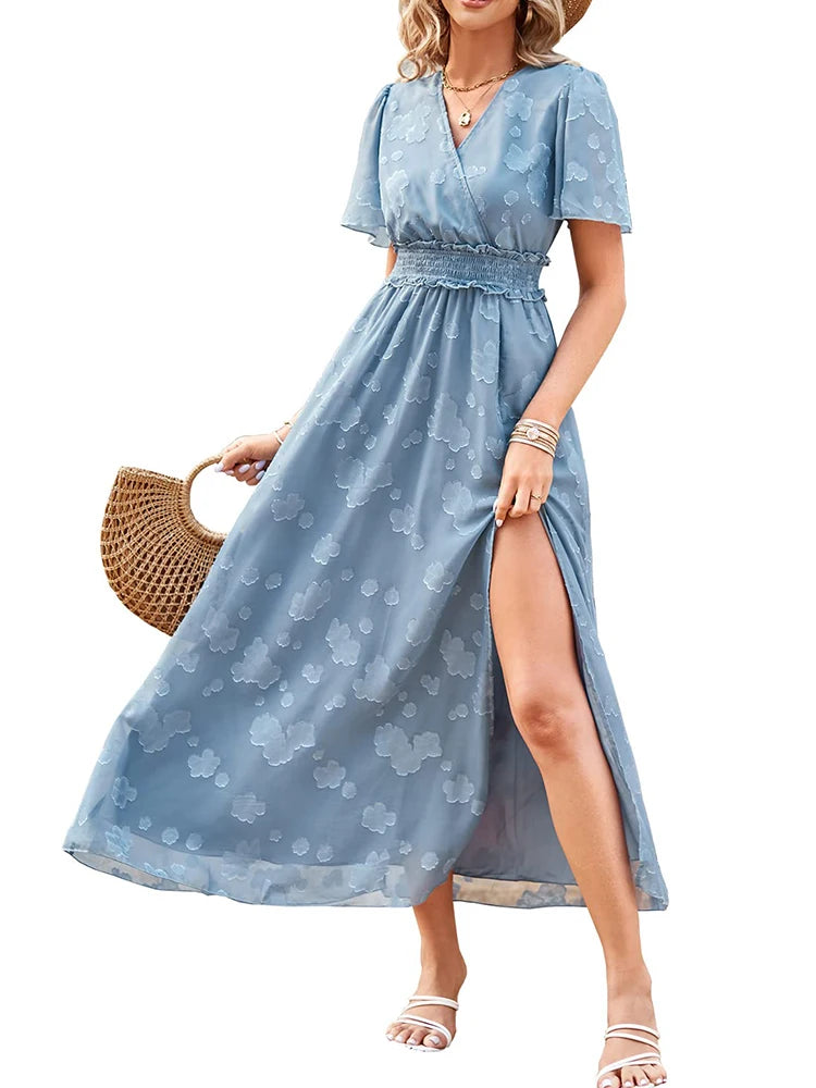 Maxi Dress Casual Summer V Neck Puff Sleeve High Waist Lace Up Dress