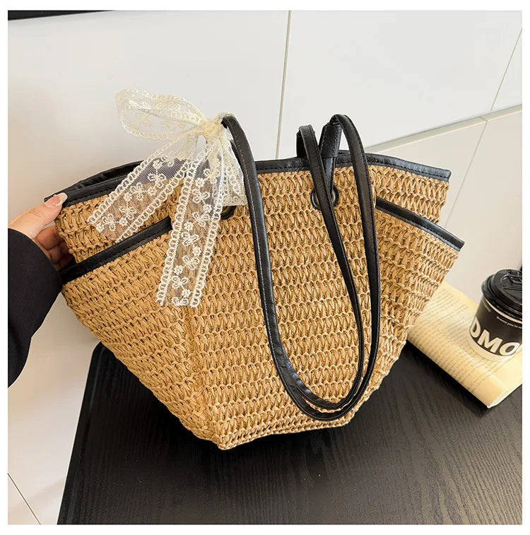 2025 Spring Woven Bucket Bag for Women Minimalist Niche Shoulder Bag Spacious Straw Tote Casual Bohemian Handbag