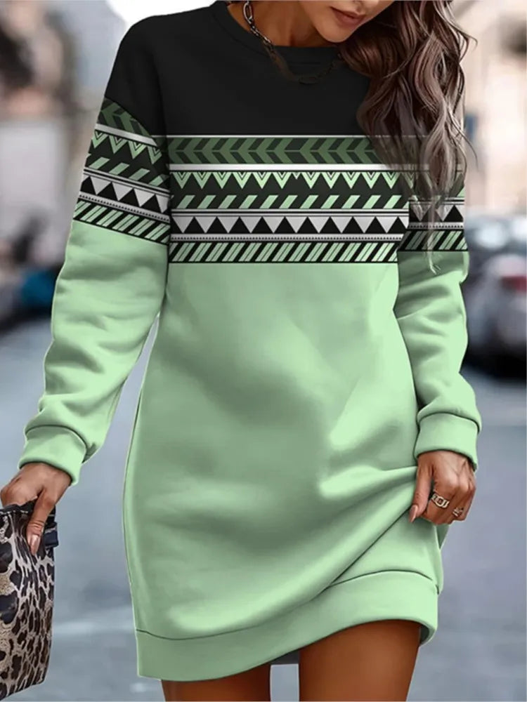 Autumn Winter Sweatshirt Dresses For Women Fashion Print O Neck Long Sleeve Dress