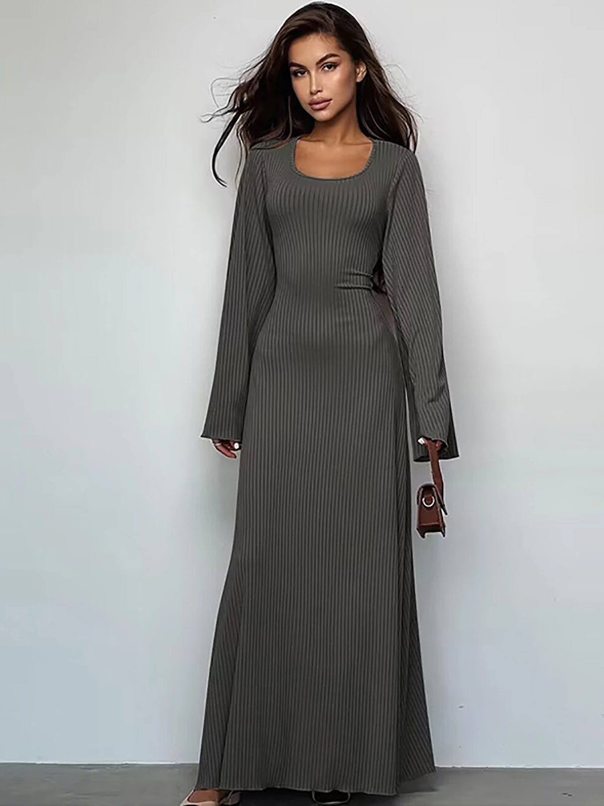 Women‘s Casual  Dress U Neck A Line Slim Skinny Elastic Bell Long Sleeve Dress