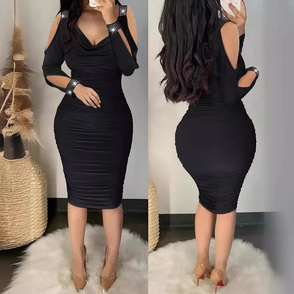 Sexy Fashion Solid Color Clothes V-Neck Women's Pleated Wraps Dress