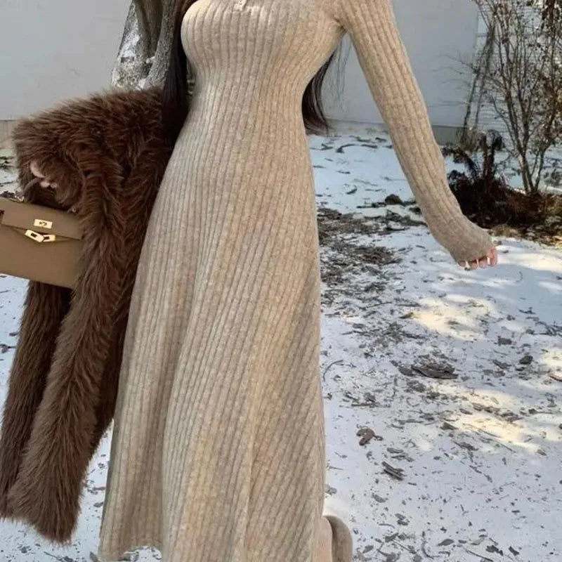 Winter Dresses Women New Thicken Slim Elastic A-Line Dress