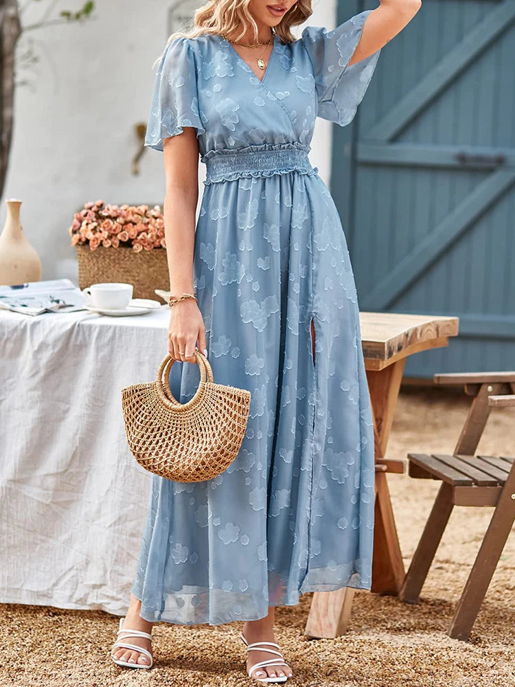 Maxi Dress Casual Summer V Neck Puff Sleeve High Waist Lace Up Dress