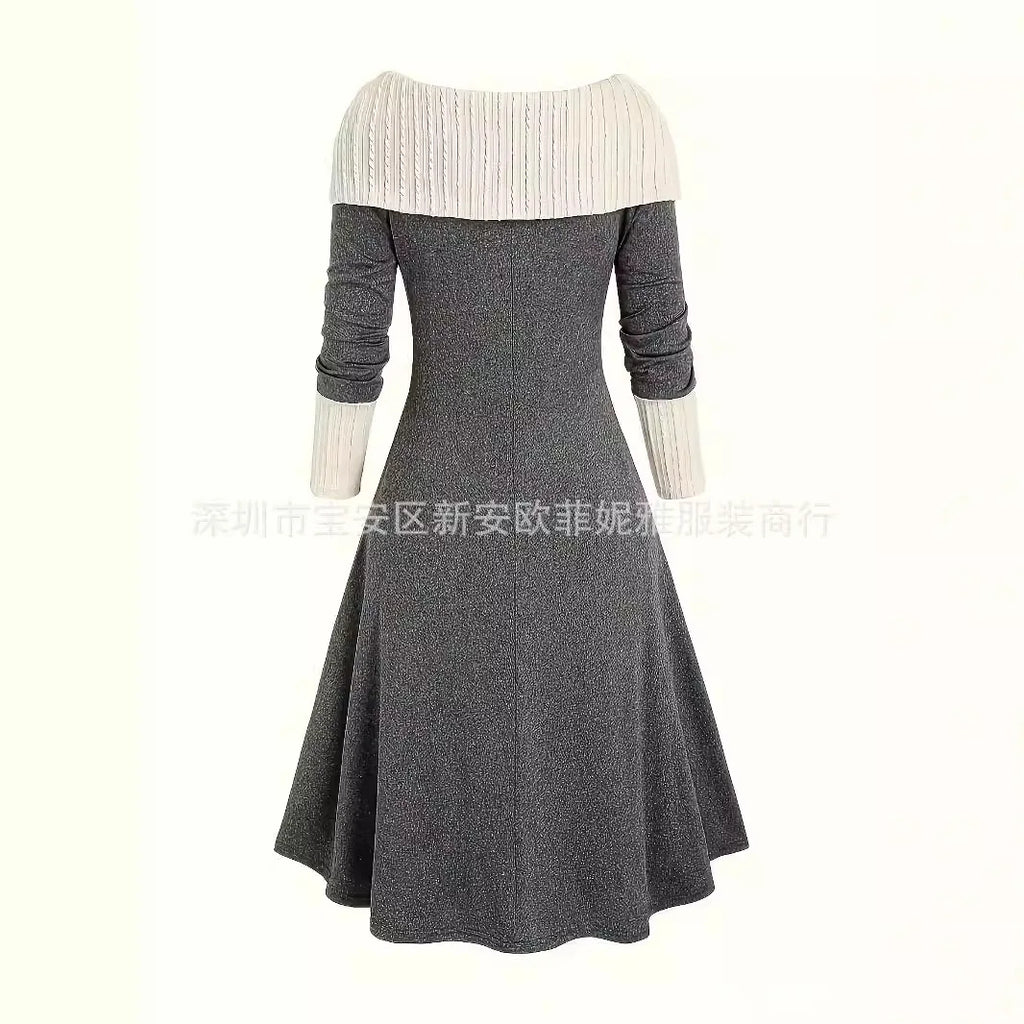 Fall Winter Women Dresses Elegant Temperament Colorblocked Dress