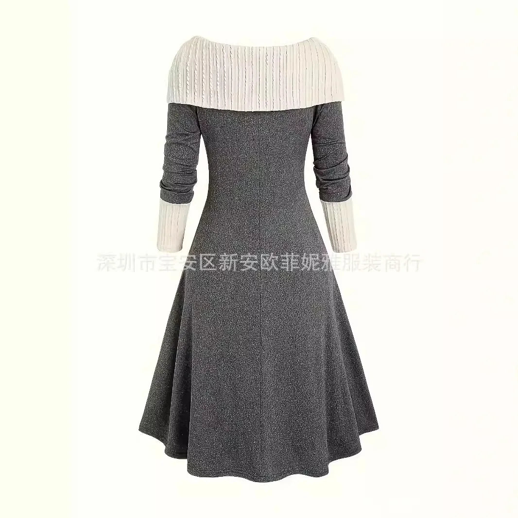 Fall Winter Women Dresses Elegant Temperament Colorblocked Dress