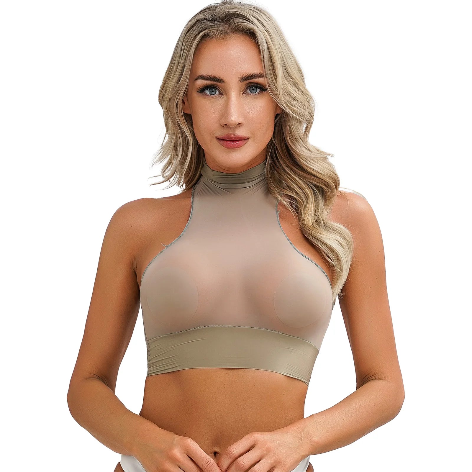 Womens Glossy Crop Tops Mock Neck Sleeveless Sheer See-Through Slim Fit Vest Tops