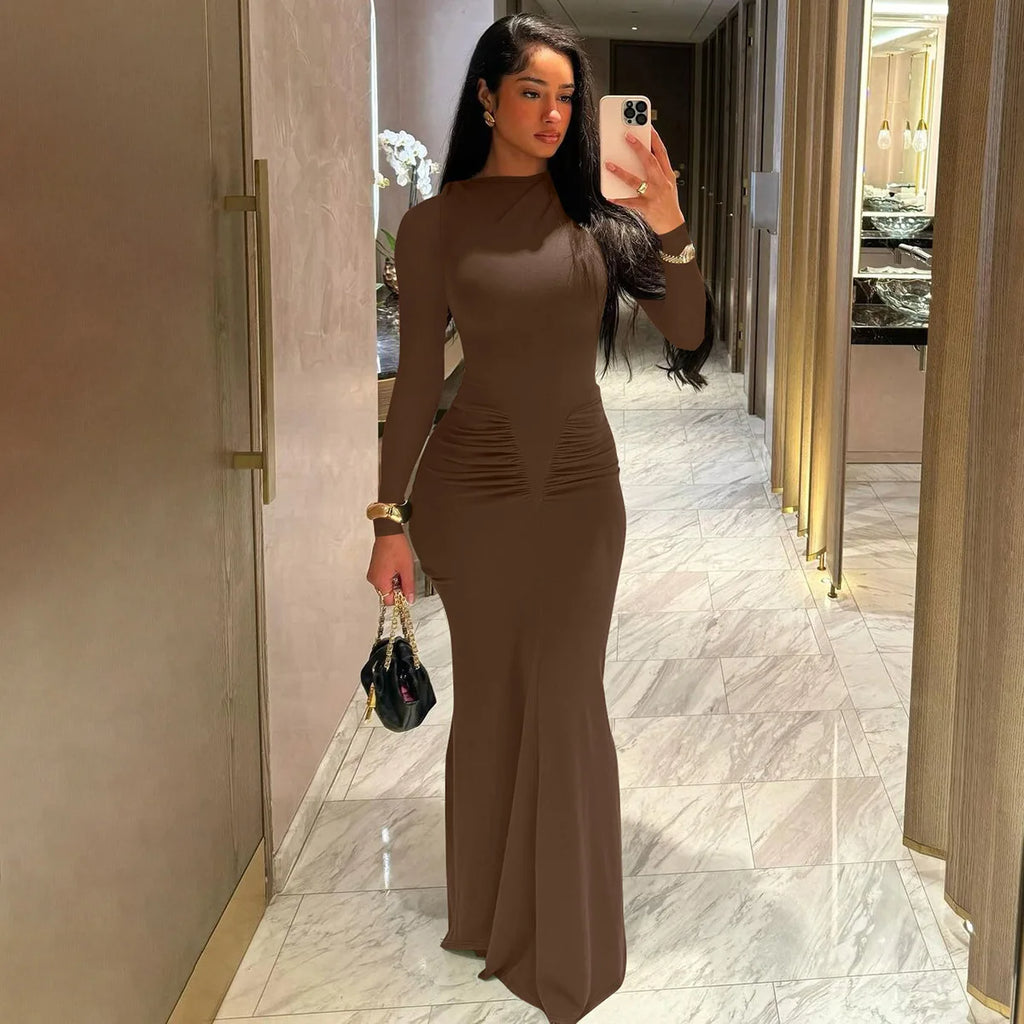 Sexy Wrap Buttocks Dresses Women O Neck Dress Long Sleeve Sheath Slim Fit Solid Spliced Pullover Folds Floor Length 2025