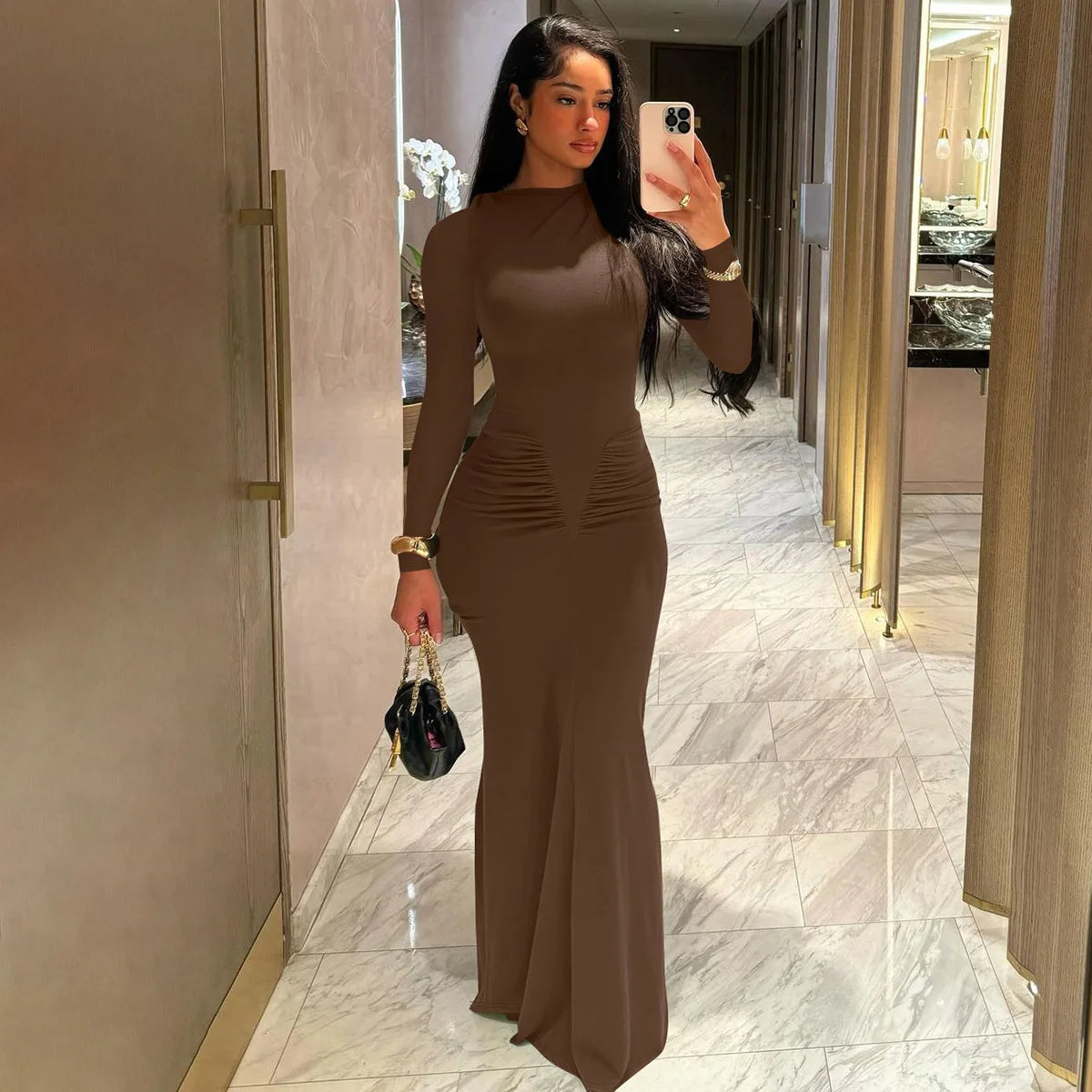 Sexy Wrap Buttocks Dresses Women O Neck Dress Long Sleeve Sheath Slim Fit Solid Spliced Pullover Folds Floor Length 2025