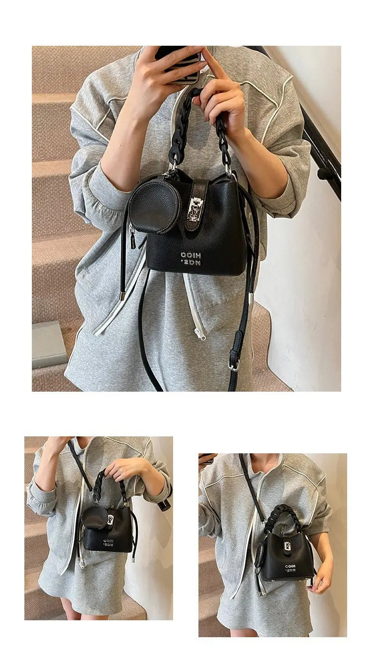Handheld Bucket Bag For Women 2025 New Retro Pu Leather Patchwork Shoulder Bags Trend Versatile Commuting Mini Crossbody Pack