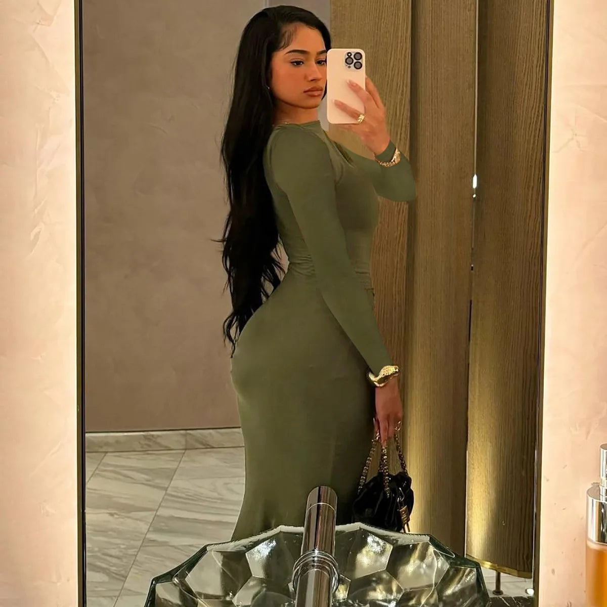 Sexy Wrap Buttocks Dresses Women O Neck Dress Long Sleeve Sheath Slim Fit Solid Spliced Pullover Folds Floor Length 2025