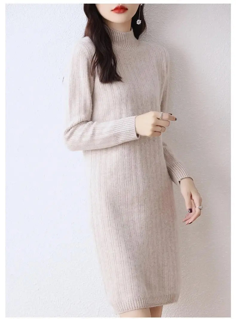 Winter New Dresses Women Solid Half High Collar Temperamen Fashion