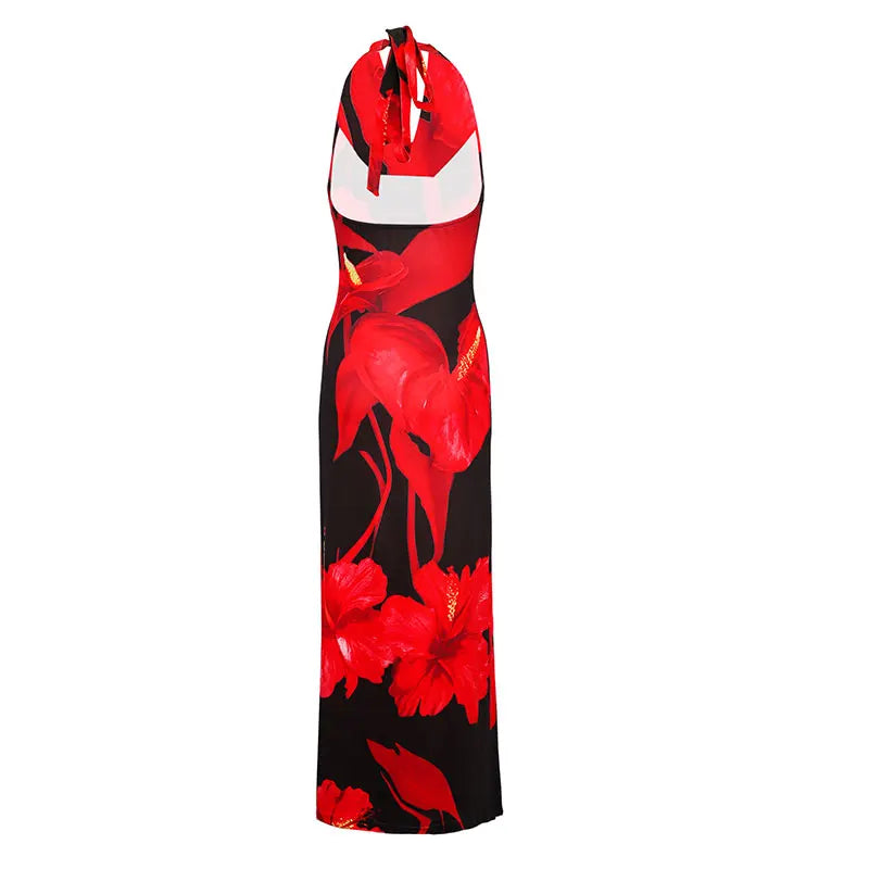 Women's Maxi Dresses Summer New Streetwear Fashion Lace-up Knitted Dress Red Sexy Female Print Backless Low Chest V-Neck Dresses
