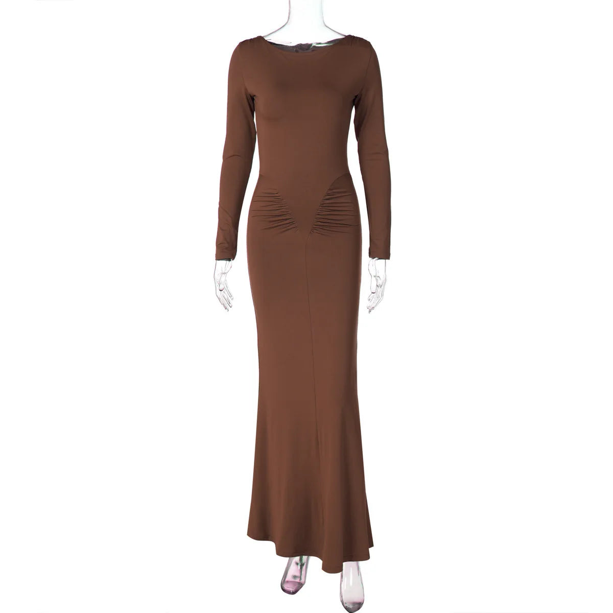 Sexy Wrap Buttocks Dresses Women O Neck Dress Long Sleeve Sheath Slim Fit Solid Spliced Pullover Folds Floor Length 2025