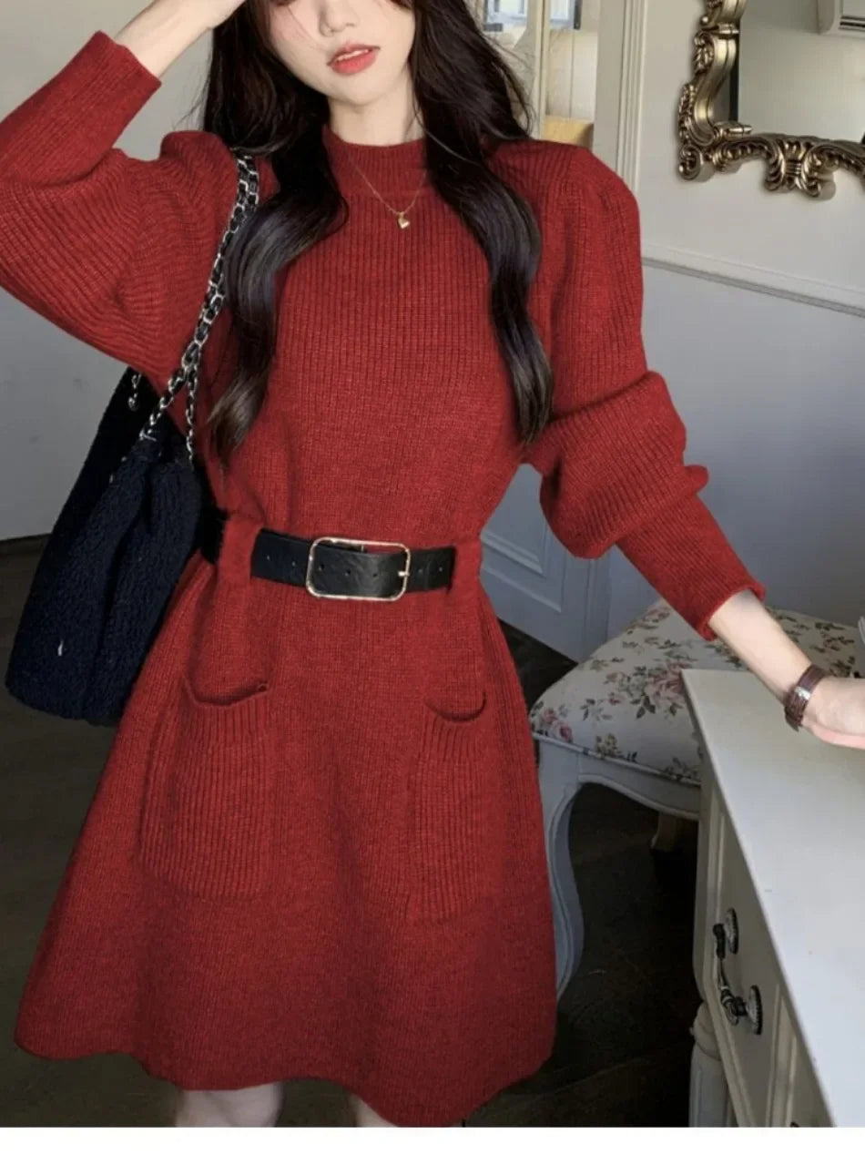 Winter Dress Women New Fashion Double Pockets Short Dresses Ladies Casual Loose Long Dress