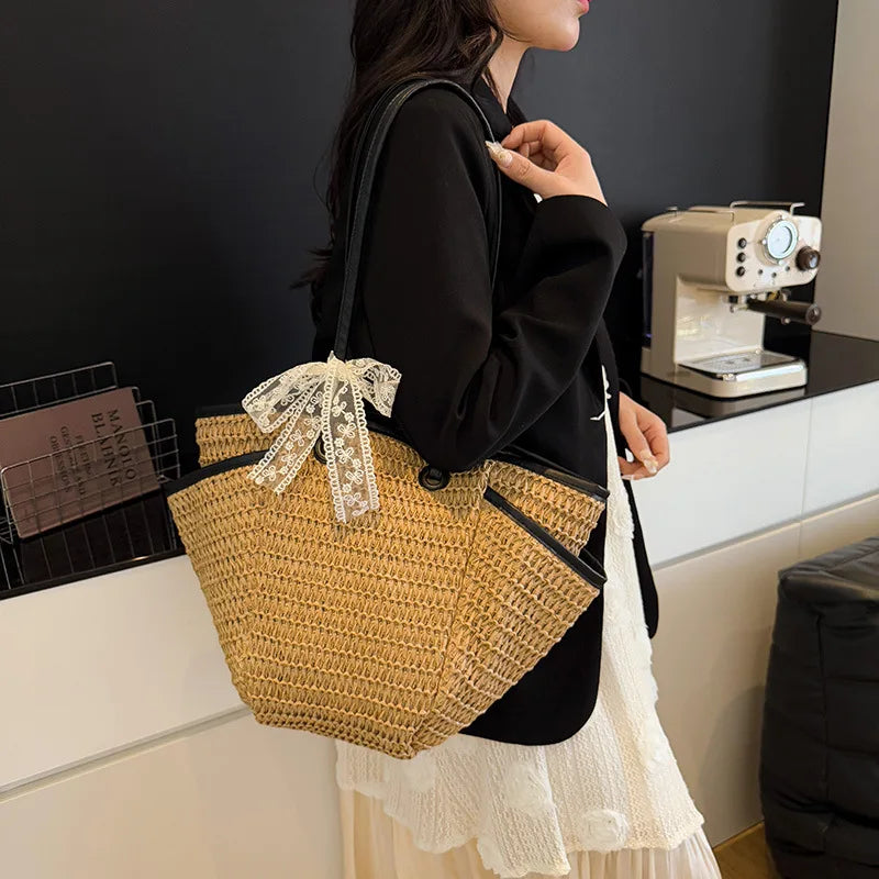 2025 Spring Woven Bucket Bag for Women Minimalist Niche Shoulder Bag Spacious Straw Tote Casual Bohemian Handbag