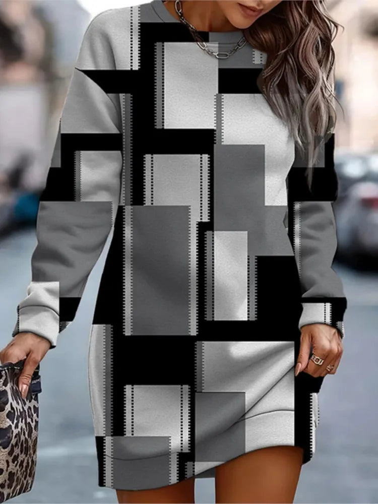 Autumn Winter Sweatshirt Dresses For Women Fashion Print O Neck Long Sleeve Dress