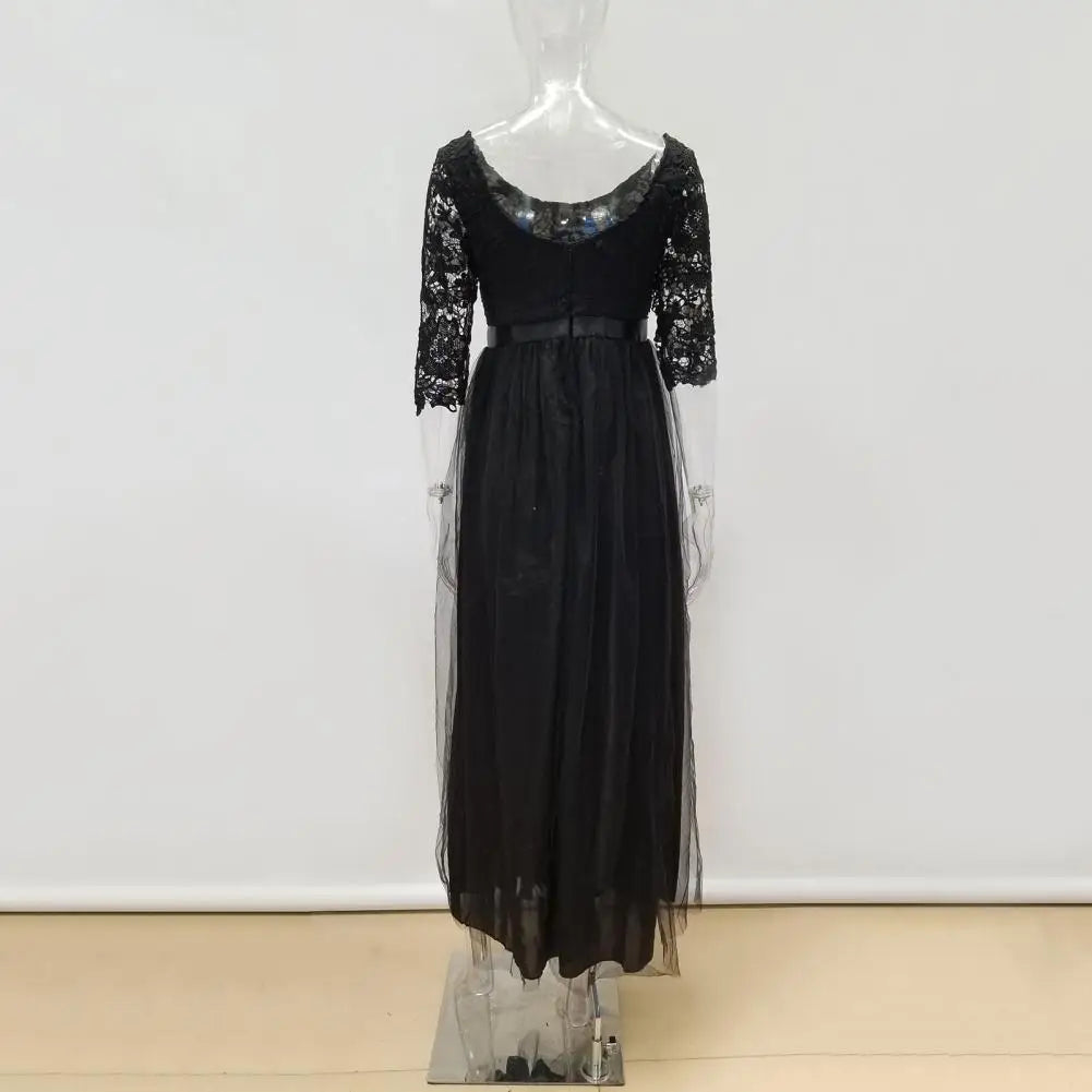 Women Maxi Dress Lace Flower Embroidery Pleated Floor Length Women