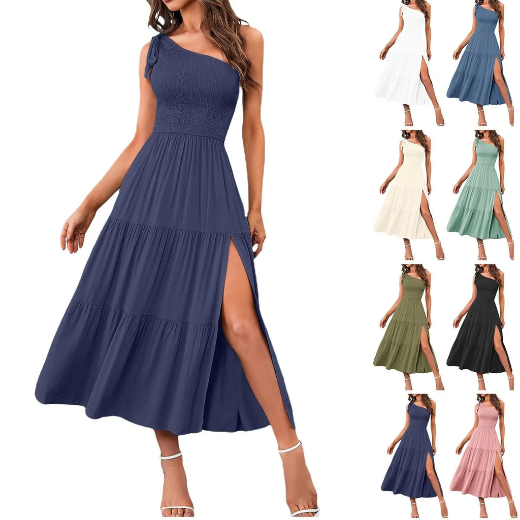Women'S Summer Casual One Shoulder Sleeveless Smocked Elastic Dress