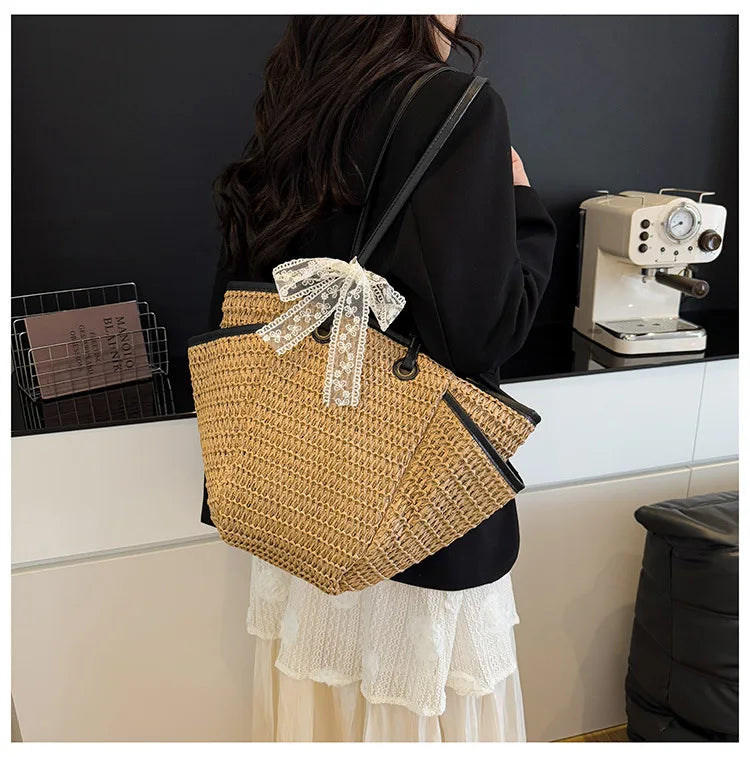2025 Spring Woven Bucket Bag for Women Minimalist Niche Shoulder Bag Spacious Straw Tote Casual Bohemian Handbag