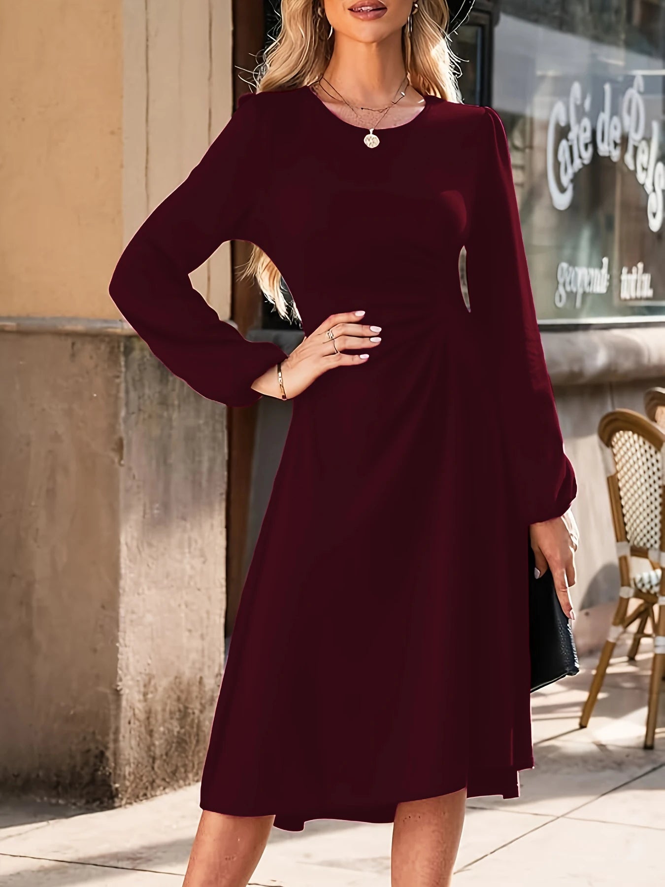 sleeved Black Maxi Dress with Ruched Waist Detail