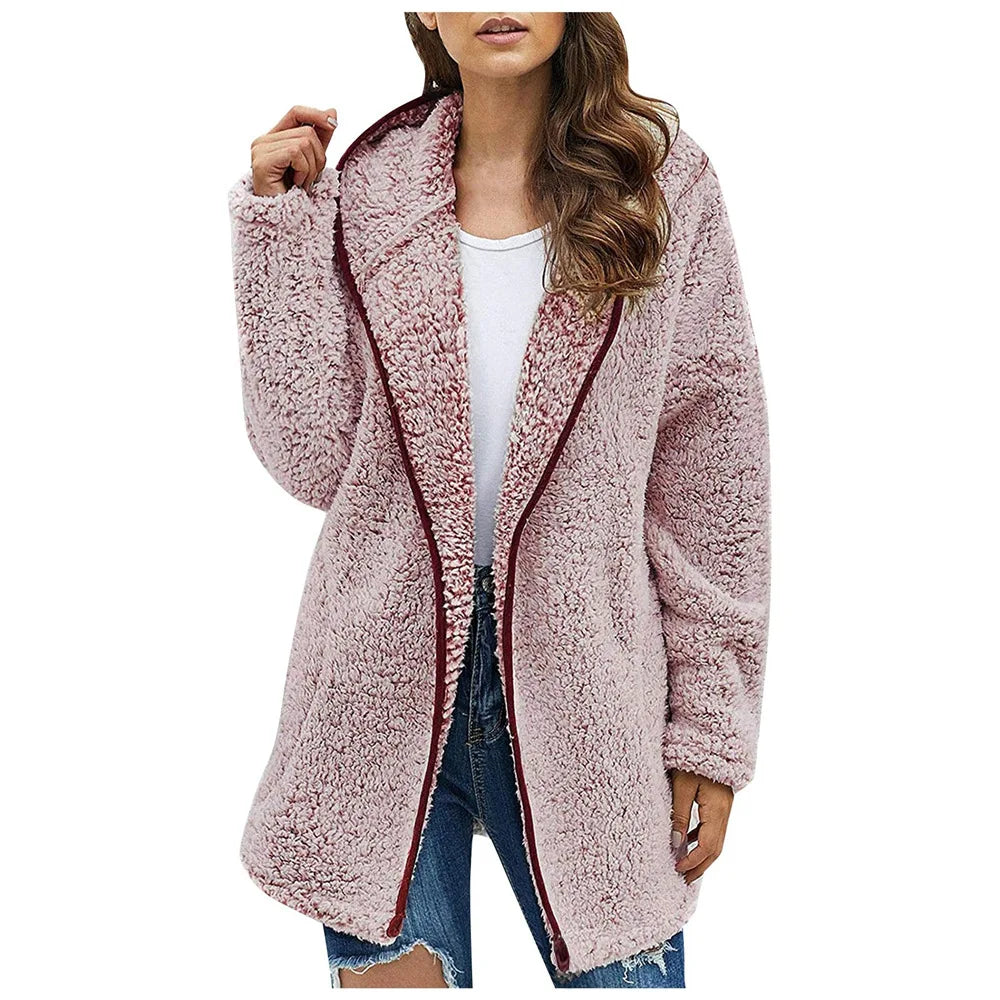 Winter Women Long Teddy Jacket Warm Thick Fleece Coat Turn Down Collar Plush Coat Fashion