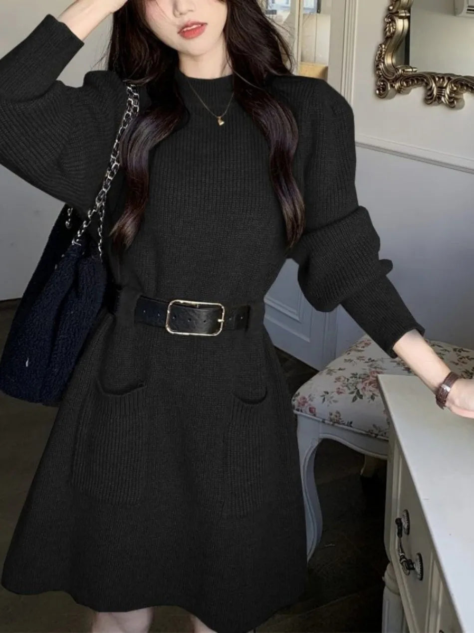 Winter Dress Women New Fashion Double Pockets Short Dresses Ladies Casual Loose Long Dress